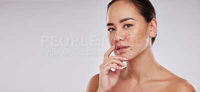 Buy stock photo Beauty, skincare and portrait of asian woman in studio for cosmetics, dermatology and wellness. Aesthetic model person with makeup, mockup space and facial self care skin glow on grey background