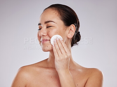 Buy stock photo Face, makeup cotton and woman with eyes closed  in studio isolated on a gray background. Skincare hygiene, beauty aesthetics and happy female model with facial pad or product for cleaning cosmetics.