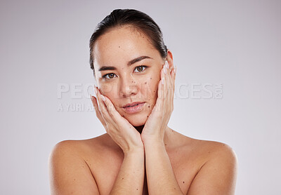 Buy stock photo Face portrait, skincare beauty and woman in studio isolated on a gray background. Makeup, natural cosmetics and young female model with glowing, healthy and flawless skin after spa facial treatment.