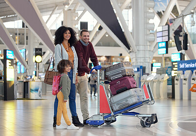 Buy stock photo Travel, airport and happy family with suitcase trolley for holiday, vacation or immigration journey. Luggage of black woman or diversity parents with child or kid walking in lobby excited for flight