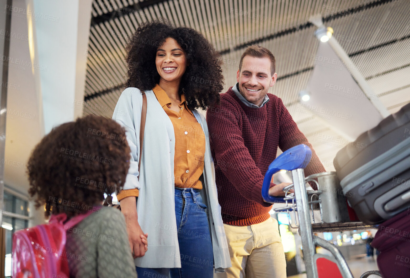 Buy stock photo Travel, airport and happy family with african girl for holiday, vacation and talking of immigration journey. Suitcase, luggage and mother, father or diversity parents with child excited for flight