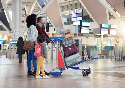 Buy stock photo Travel with parents, mom with child at airport and immigration farewell together. Family looking for flight, father with mother carrying luggage or greeting dad goodbye at international terminal