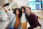 Family selfie, airport and kid with parents for travel, diversity and interracial bonding with smile. Man, happy black woman and girl child with smartphone for profile picture on social network app