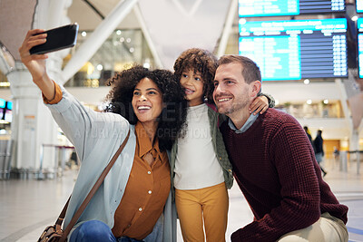 Buy stock photo Family selfie, airport and kid with parents for travel, diversity and interracial bonding with smile. Man, happy black woman and girl child with smartphone for profile picture on social network app