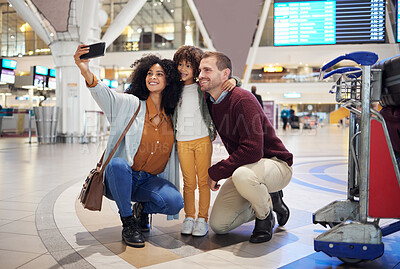 Buy stock photo Family selfie, airport and child with parents for travel, diversity and interracial bonding with smile. Man, happy black woman and girl kid with smartphone for profile picture on social media app