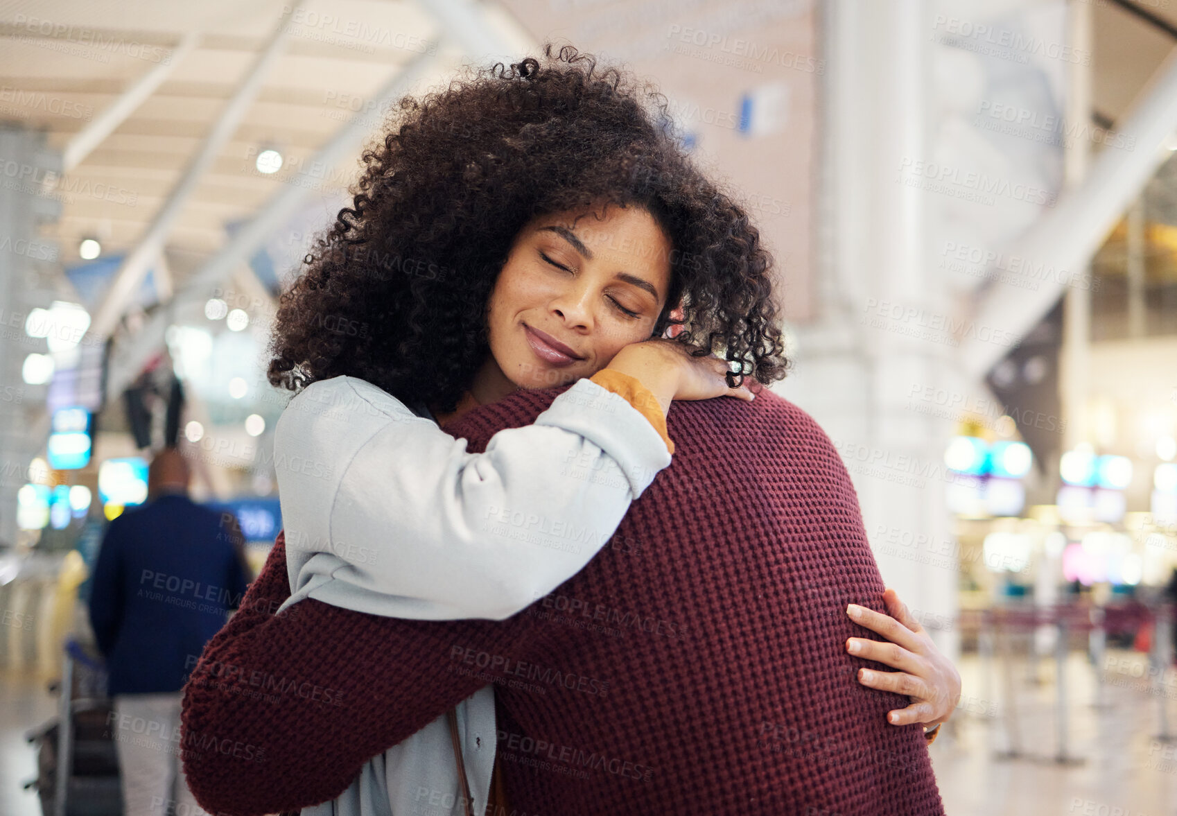 Buy stock photo Couple, hug and smile in goodbye at airport for travel, trip or flight in farewell for long distance relationship. Man and woman hugging before traveling, departure or immigration waiting for airline