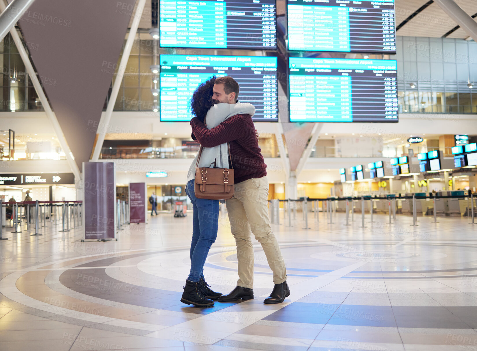 Buy stock photo Couple, hug and goodbye at airport for travel, trip or flight in farewell for long distance relationship. Man and woman hugging before traveling, departure or immigration arrival waiting for airline