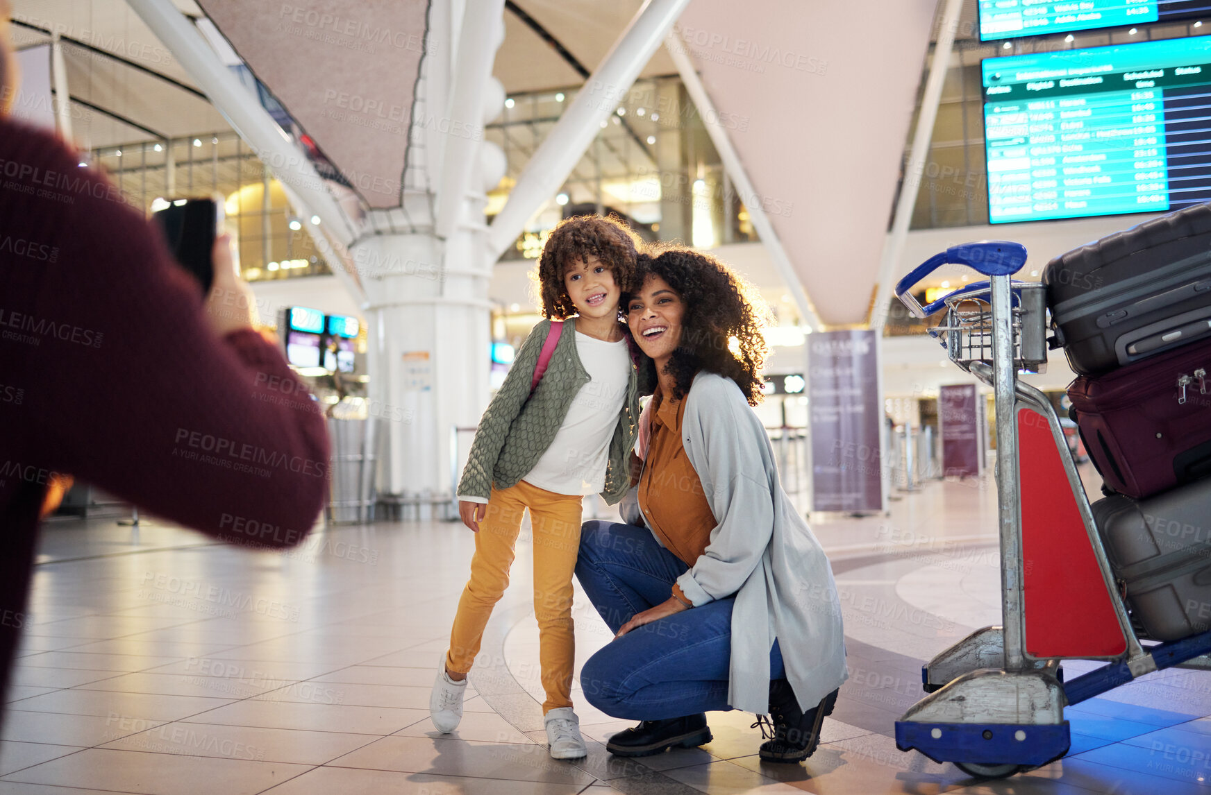 Buy stock photo Travel, happy and picture with family at airport for journey, holiday and global trip together. Smile, relax and vacation with mother and daughter pose with photo for flight, departure and tourism