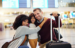 Happy, interracial and portrait of a family at the airport for travel, holiday and departure. Hug, smile and parents with a child, luggage and hugging affection on a vacation trip leaving together