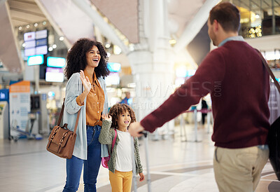 Buy stock photo Happy family greeting father at airport for welcome home, reunion and travel immigration at international flight. Interracial mother, dad and girl or kid wave, hello and excited to see papa in lobby