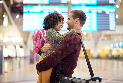 Buy stock photo Father, travel and hug girl at airport, laughing at comic joke and having fun together. Immigration flight, adoption care and love of happy man hugging foster child at airline, smile and bonding.