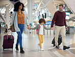 Family, holding hands at airport and travel with luggage, parents and child walking, ready for vacation and flight. Trust, adventure and people together at airline, transportation and journey