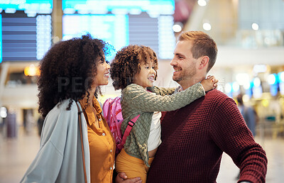 Buy stock photo Family at airport, travel and hug with vacation, mother and father with child, ready for flight and adventure. Terminal, journey and holiday with black woman, man and kid, excited and interracial