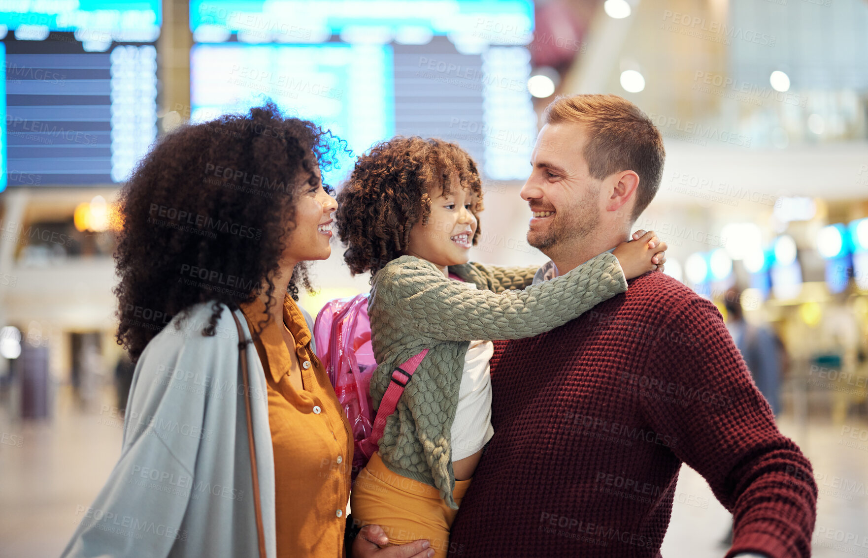 Buy stock photo Family at airport, travel and hug with vacation, mother and father with child, ready for flight and adventure. Terminal, journey and holiday with black woman, man and kid, excited and interracial