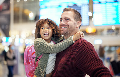 Buy stock photo Family, father and kid hug at airport, travel and girl with man excited for flight, happiness and love and ready at terminal. Happy, care and bond with smile, backpack and vacation with transport