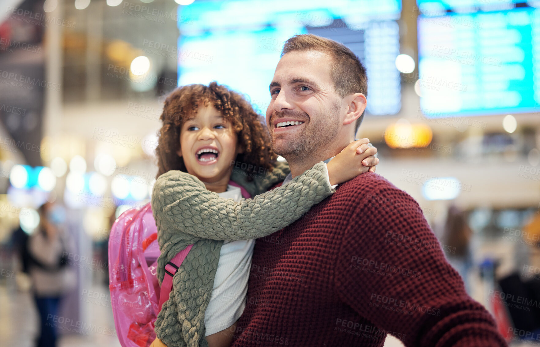 Buy stock photo Family, father and kid hug at airport, travel and girl with man excited for flight, happiness and love and ready at terminal. Happy, care and bond with smile, backpack and vacation with transport