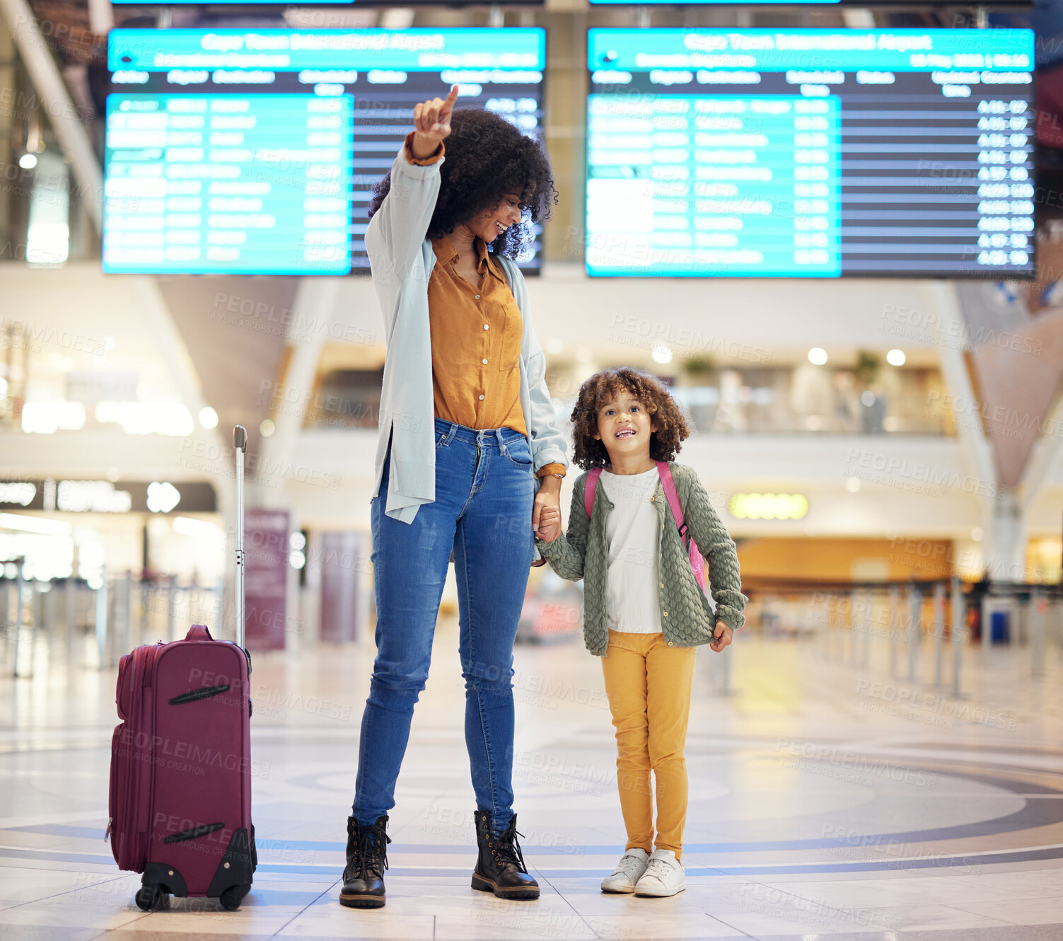 Buy stock photo Airport, suitcase and mother with child show travel journey for holiday, vacation or immigration. Black family or mom with girl kid in lobby with luggage excited for flight together holding hands