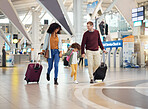 Family, holding hands at airport and travel with suitcase parents and child walking, ready for vacation and flight. Trust, adventure and people together at airline, transportation and journey