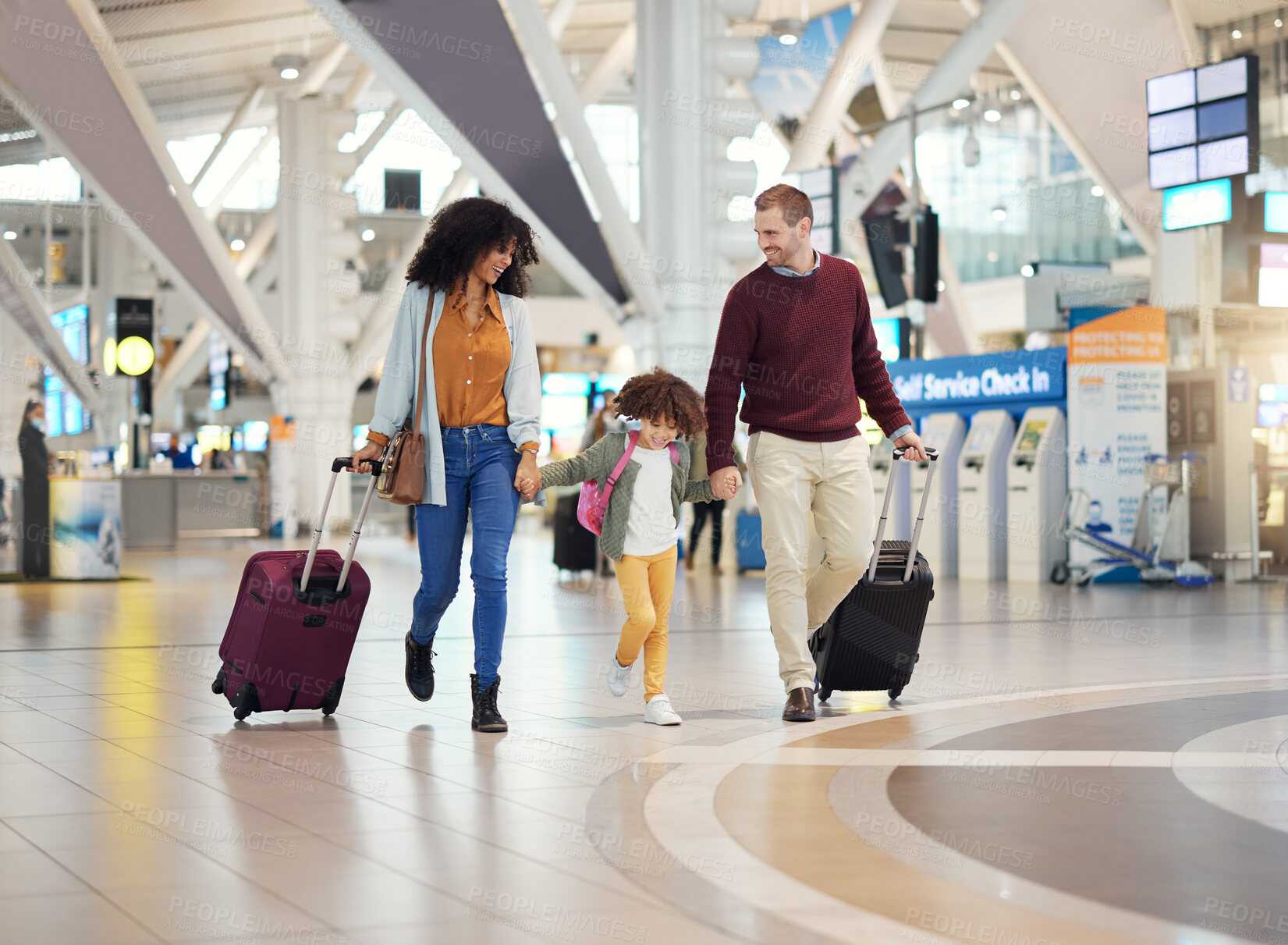 Buy stock photo Family, holding hands at airport and travel with suitcase parents and child walking, ready for vacation and flight. Trust, adventure and people together at airline, transportation and journey