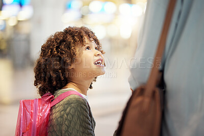 Buy stock photo Happy, travel and parent with child in airport for holiday, global journey and departure. Smile, luggage and relax with girl asking mother question in lobby for vacation, happiness and flight