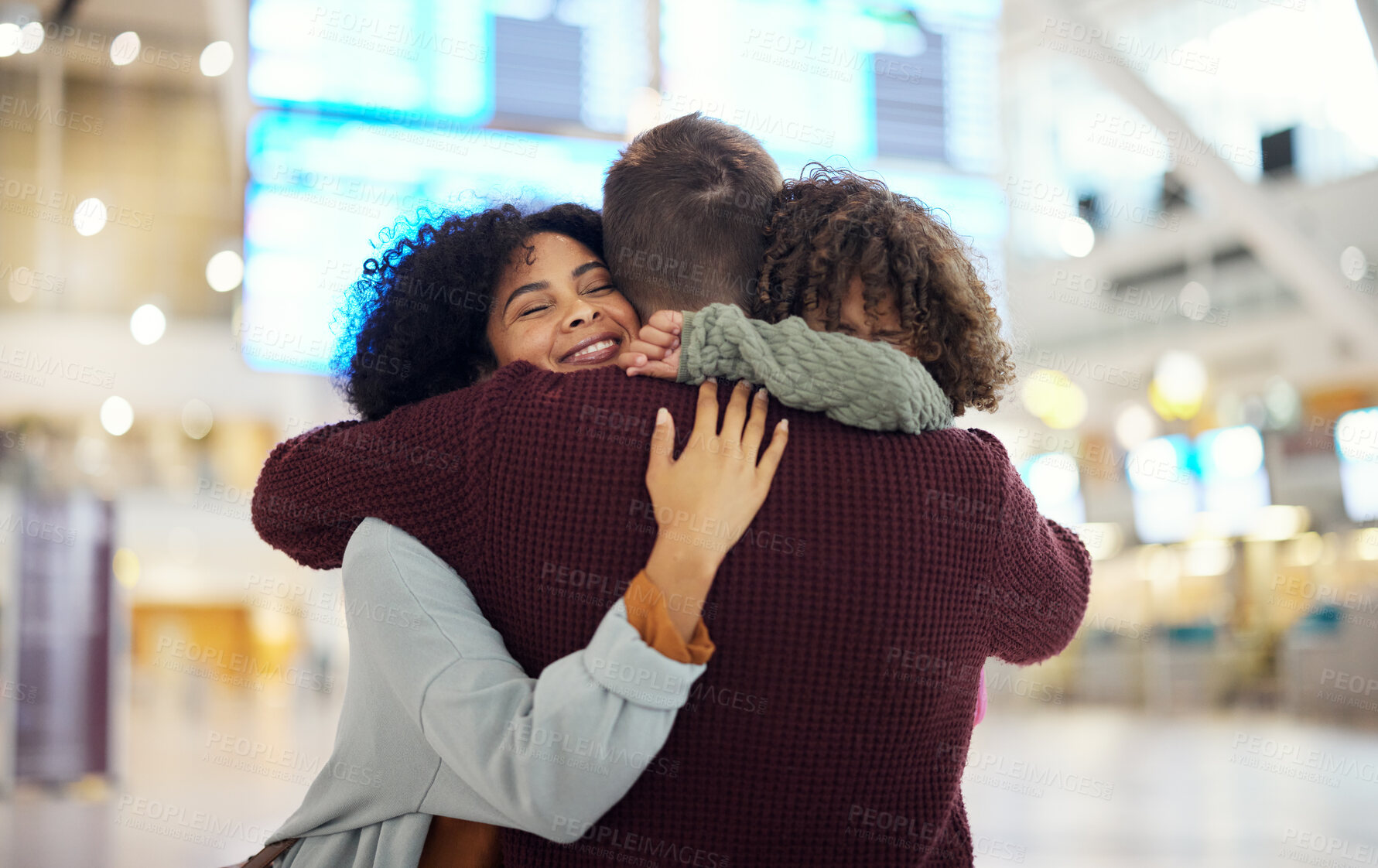 Buy stock photo Travel, family and hug in airport, reunion and happiness for international trip, getaway and cheerful. Love, man and woman with child, kid or goodbye for traveling, embrace or departure with greeting