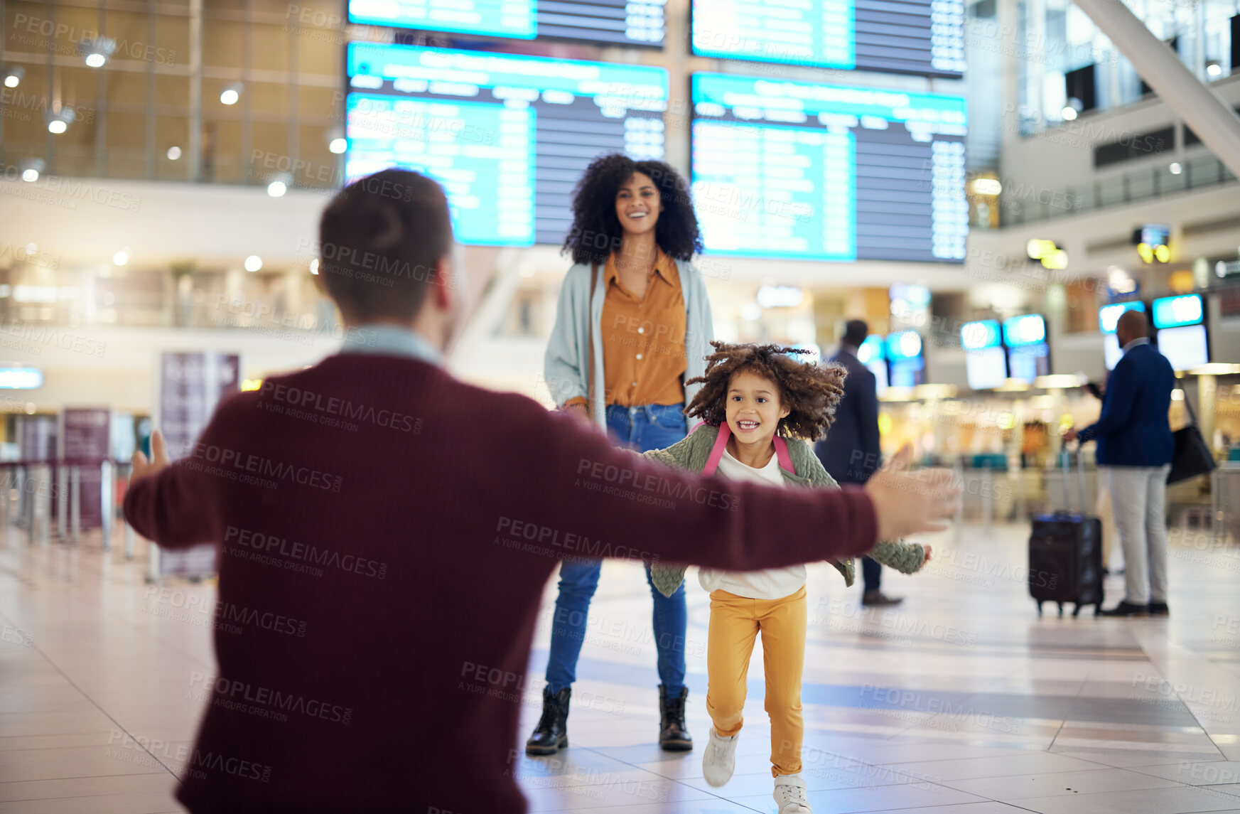 Buy stock photo Child running to father at airport for welcome home travel and reunion after immigration or international opportunity. Interracial family, dad and girl kid run for hug excited to see papa in lobby