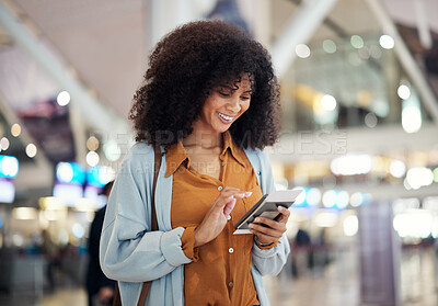 Buy stock photo Black woman at airport, travel and passport with smartphone, excited for holiday and plane ticket with communication. Freedom, chat or scroll social media, flight with transportation and vacation