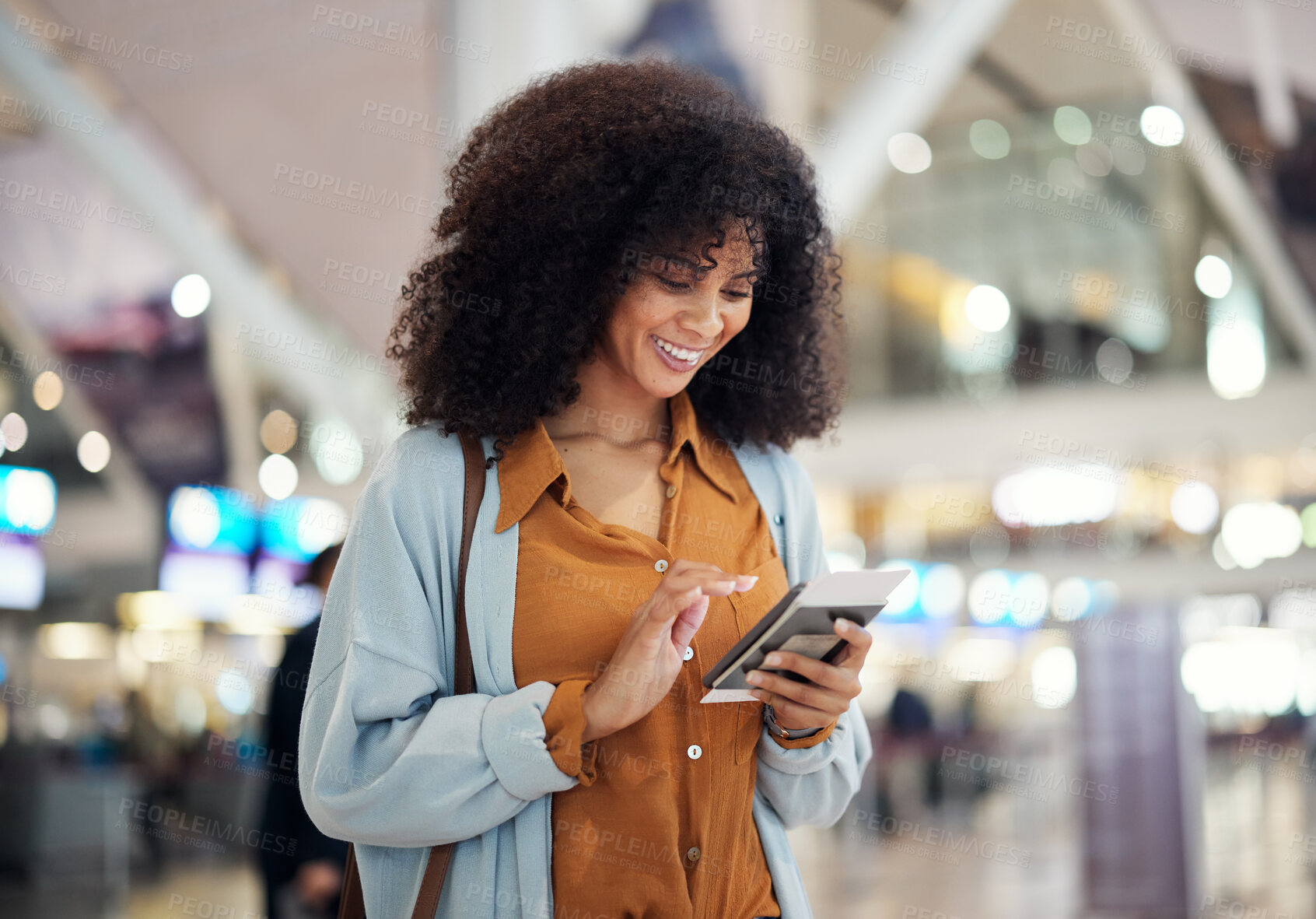 Buy stock photo Black woman at airport, travel and passport with smartphone, excited for holiday and plane ticket with communication. Freedom, chat or scroll social media, flight with transportation and vacation