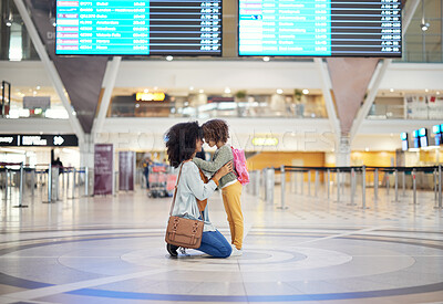 Buy stock photo Black woman, girl kid and welcome in airport with head together, love or greeting with hug. Family, mother and daughter for reunion, embrace and happy for global travel, transportation or immigration