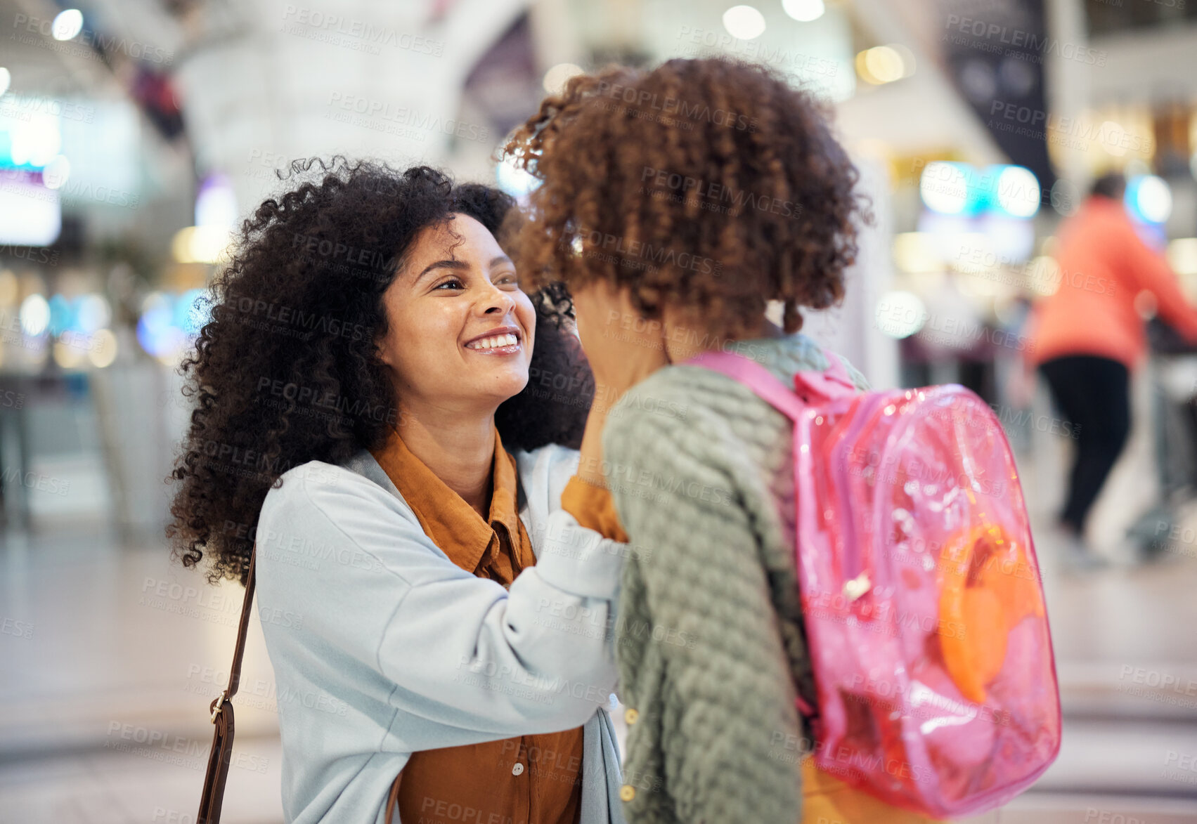 Buy stock photo Black woman, girl child and reunion in airport with excited face, love touch and greeting. Family, mother and daughter for welcome, embrace or happy for global travel, transportation or immigration