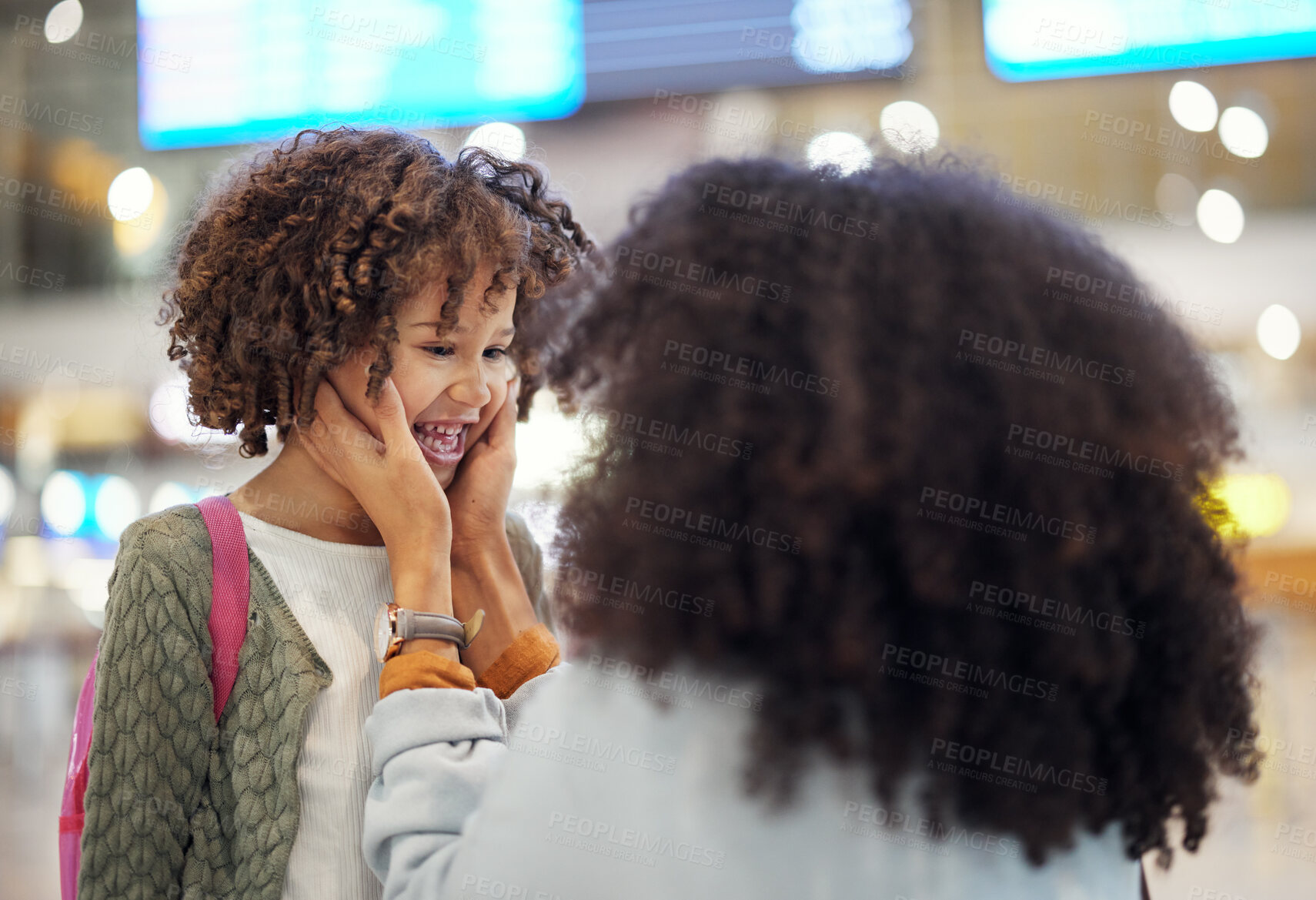 Buy stock photo Smile, travel and mother and girl at airport for vacation, global and transportation for flight. Happy, affectionate and international with mom and child on holiday trip for bonding, relax or tourism