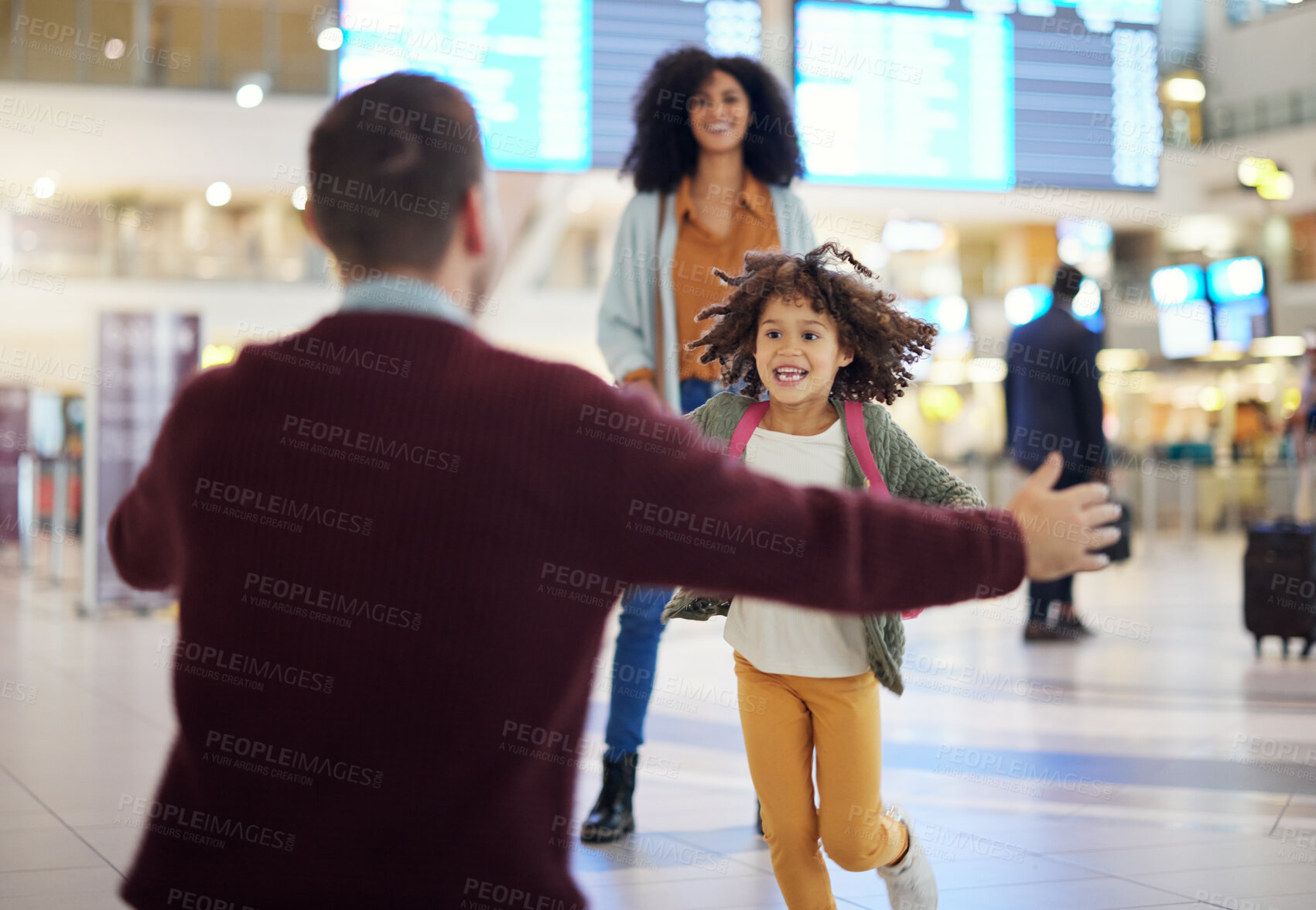 Buy stock photo Happy child running to father at airport for welcome home travel and reunion, immigration or international opportunity. Interracial family, dad and girl kid run for hug excited to see papa in lobby