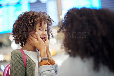 Buy stock photo Reunion, travel and mother and girl at airport for vacation, global and welcome for flight. Smile, affectionate and hello with happy mom and child on holiday trip for bonding, relax or tourism