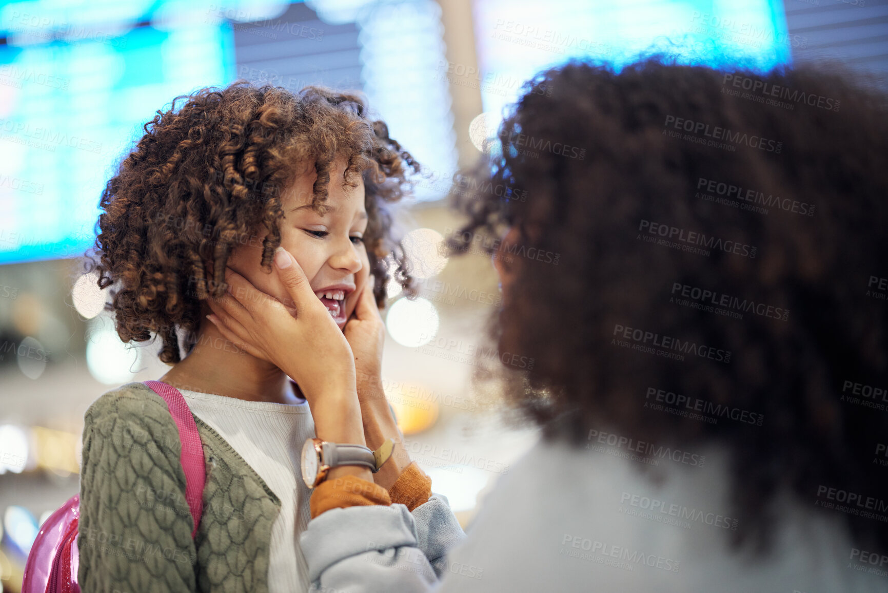 Buy stock photo Reunion, travel and mother and girl at airport for vacation, global and welcome for flight. Smile, affectionate and hello with happy mom and child on holiday trip for bonding, relax or tourism