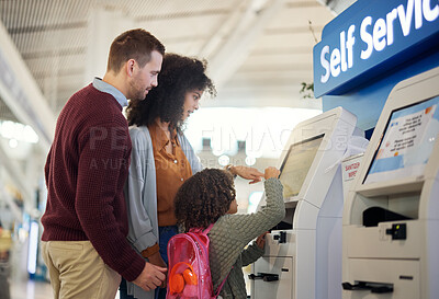 Buy stock photo Travel ticket, self service and family with child for flight online booking, digital payment or schedule registration. Diversity parents or mother and father with girl kid at airpot POS machine