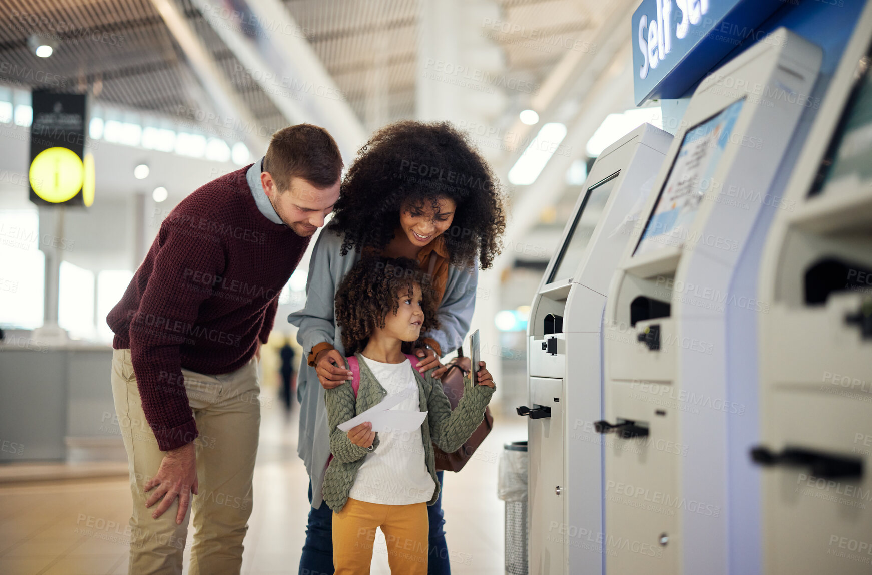 Buy stock photo Airport ticket, child and happy family for vacation booking, payment receipt and self service registration. Interracial parents or mother, father and girl kid for travel document check at POS machine