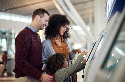 Buy stock photo Self service, smile and travel with mixed family in airport for check in, vacation and global. Technology, digital and happy with parents and child at kiosk for holiday, flight and ticket information