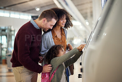 Buy stock photo Self service, technology and travel with mixed family in airport for check in, vacation and global. Passport, digital and smile with parents and child for holiday, flight and ticket information