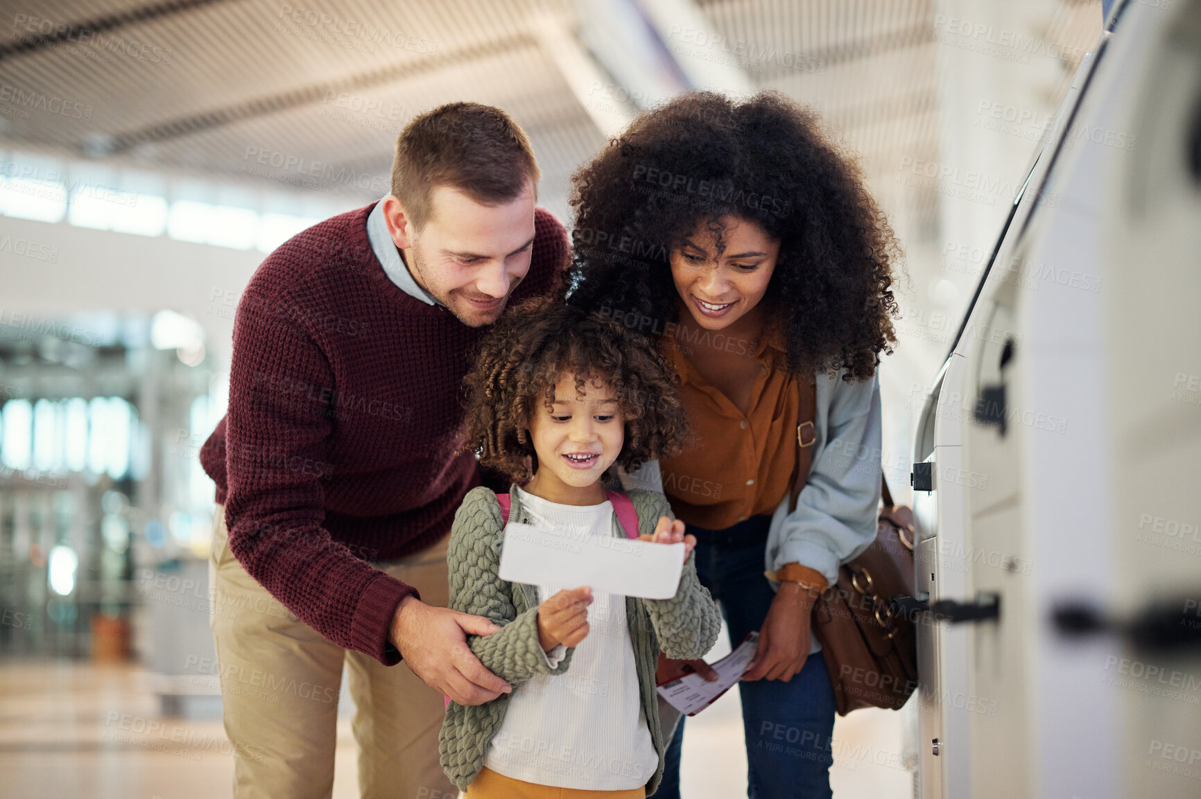 Buy stock photo Airport ticket, happy family and child with flight booking, payment receipt or self service registration. Diversity parents or mother and father with girl kid for travel document check at POS machine