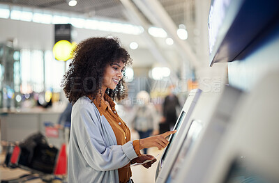 Buy stock photo Black woman, airport and smile by self service station for ticket, registration or boarding pass. Happy African female traveler by kiosk machine for travel application, document or booking flight