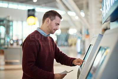 Buy stock photo Man, airport and self service for check in, ticket registration or online boarding pass. Male traveler by terminal machine or kiosk for travel application, document or booking flight for plane trip