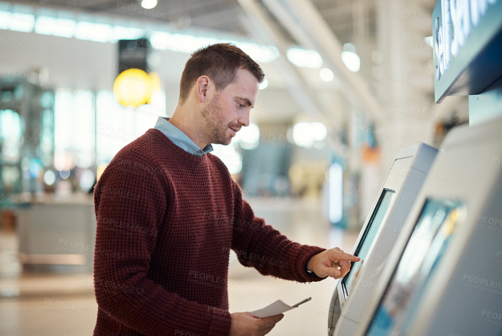 Buy stock photo Man, airport and self service for check in, ticket registration or online boarding pass. Male traveler by terminal machine or kiosk for travel application, document or booking flight for plane trip