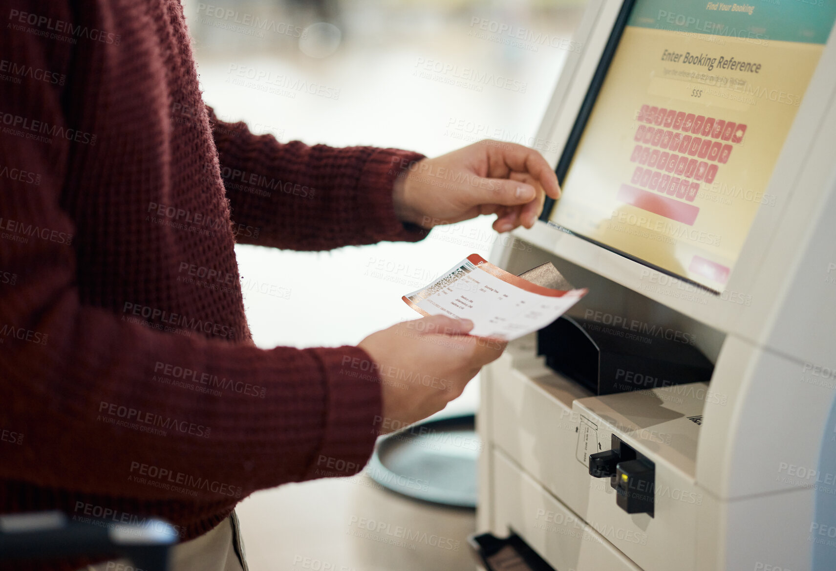 Buy stock photo Hands, ticket and airport by self service for check in, registration or online boarding pass. Hand of traveler by terminal machine or kiosk for travel application, document or booking flight trip