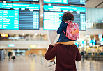 Airport, love and man with his child on his shoulders reading the schedule or time board. Trip, travel and young father carrying his girl kid while walking to the terminal to board their flight.