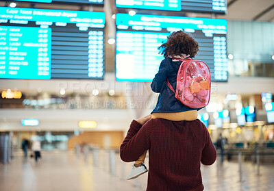 Buy stock photo Airport, love and man with his child on his shoulders reading the schedule or time board. Trip, travel and young father carrying his girl kid while walking to the terminal to board their flight.