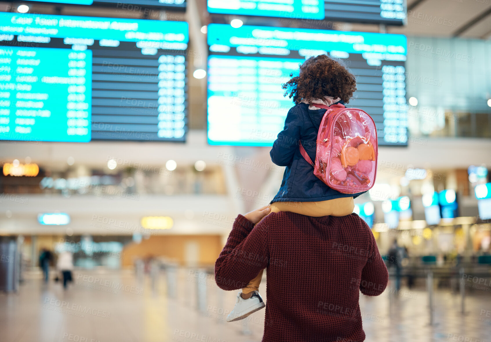 Buy stock photo Airport, love and man with his child on his shoulders reading the schedule or time board. Trip, travel and young father carrying his girl kid while walking to the terminal to board their flight.