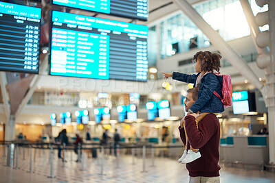 Buy stock photo Airport, travel and father with his child on his shoulders reading the schedule or time board. Trip, family and young man carrying his girl kid while walking to the terminal to board their flight.