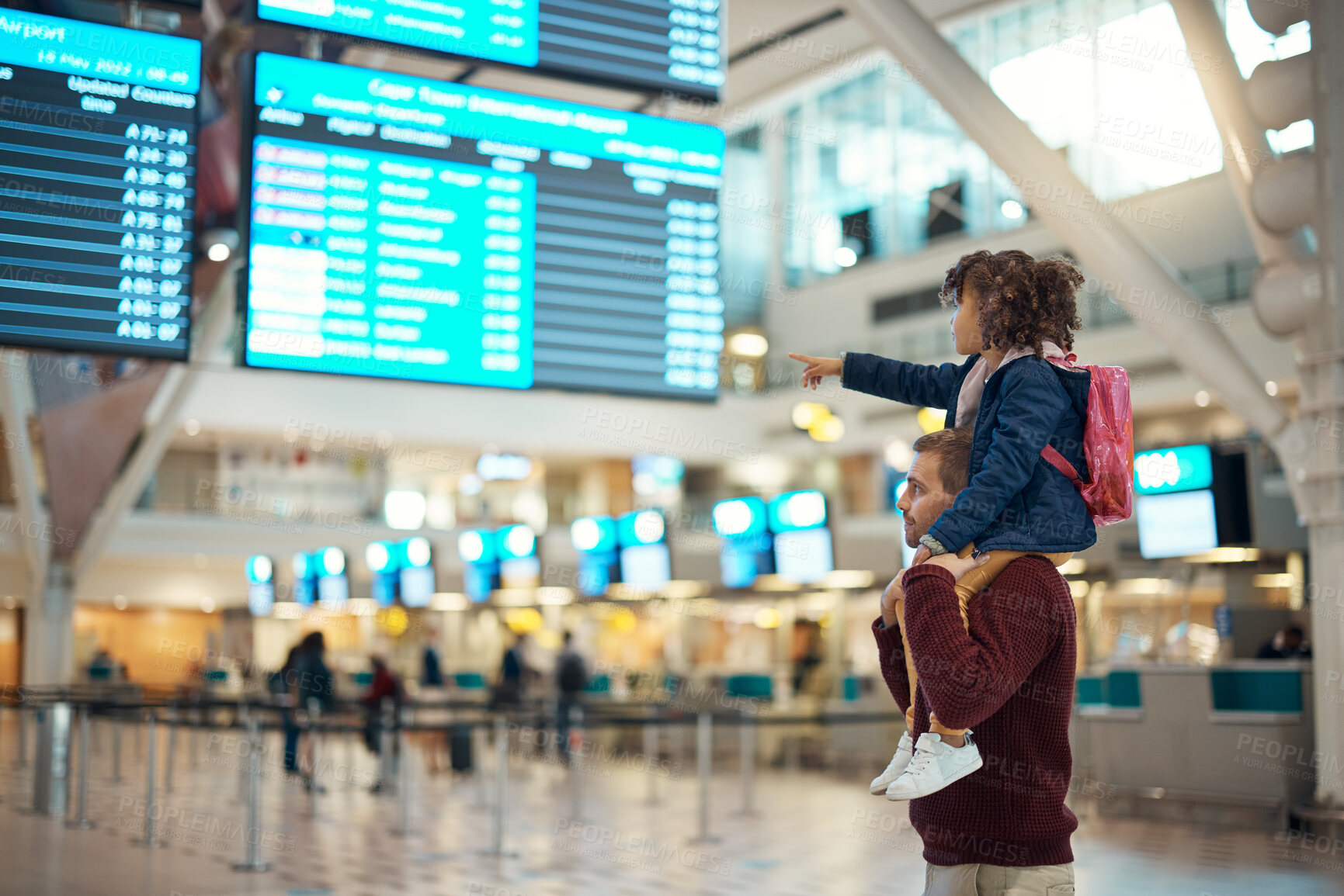 Buy stock photo Airport, travel and father with his child on his shoulders reading the schedule or time board. Trip, family and young man carrying his girl kid while walking to the terminal to board their flight.