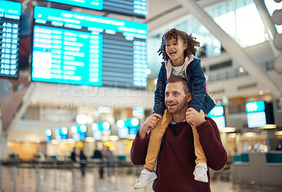 Buy stock photo Travel, father and piggyback girl at airport, laughing at comic joke and having fun together. Immigration flight, adoption care and happy man carrying foster kid or child at airline, smile or bonding