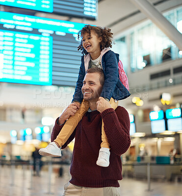 Buy stock photo Father, travel and piggyback girl at airport, laughing at comic joke and having fun together. Immigration flight, adoption care and happy man carrying foster kid or child at airline, bonding or smile